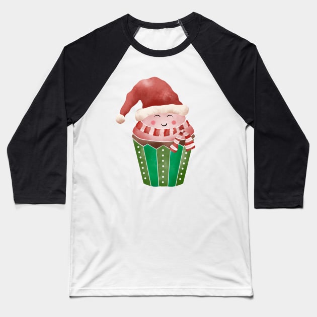 Cupcake Santa Watercolor Baseball T-Shirt by Simply Robin Creations